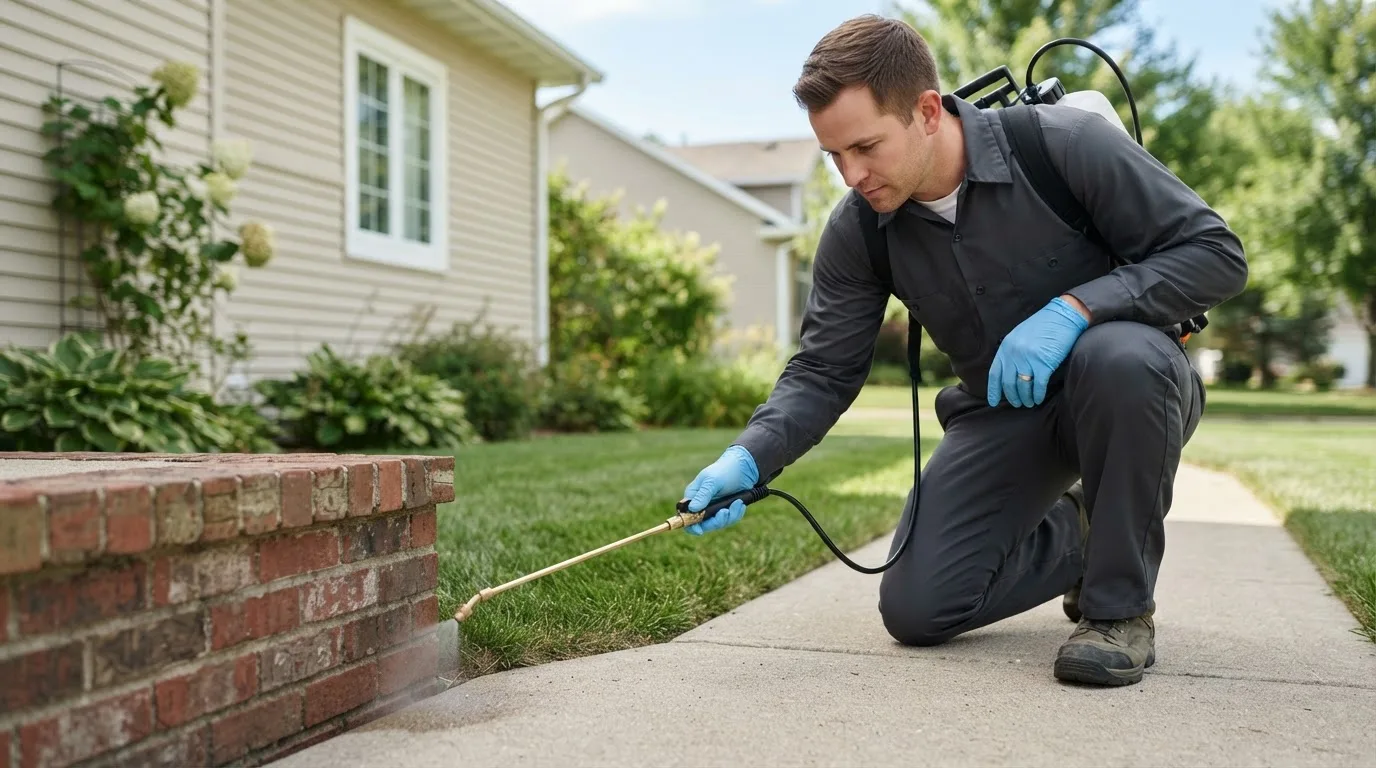 Pest control technician treating a home near Rankin, TX